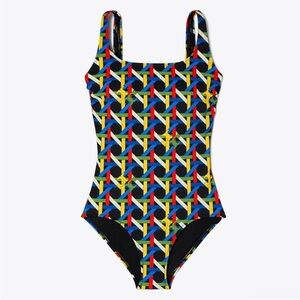 NWT  Tory Burch Printed Tank Suit Black Basketweave Size Small